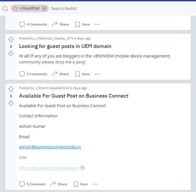screenshot of reddit Communities for guest post