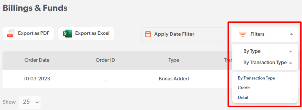 Transaction Type Filter