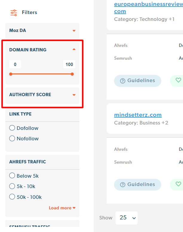 Domain Rating & Authority Score Filter