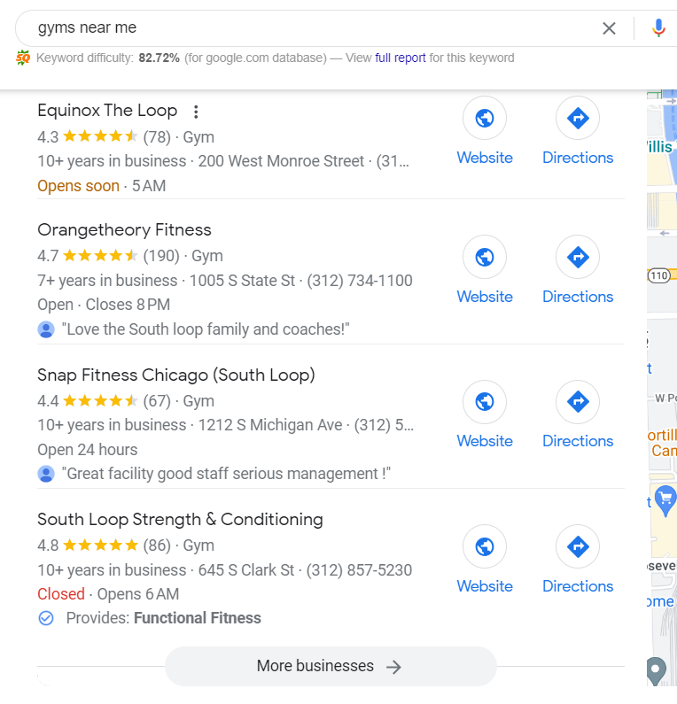 gyms near me google local pack listing
