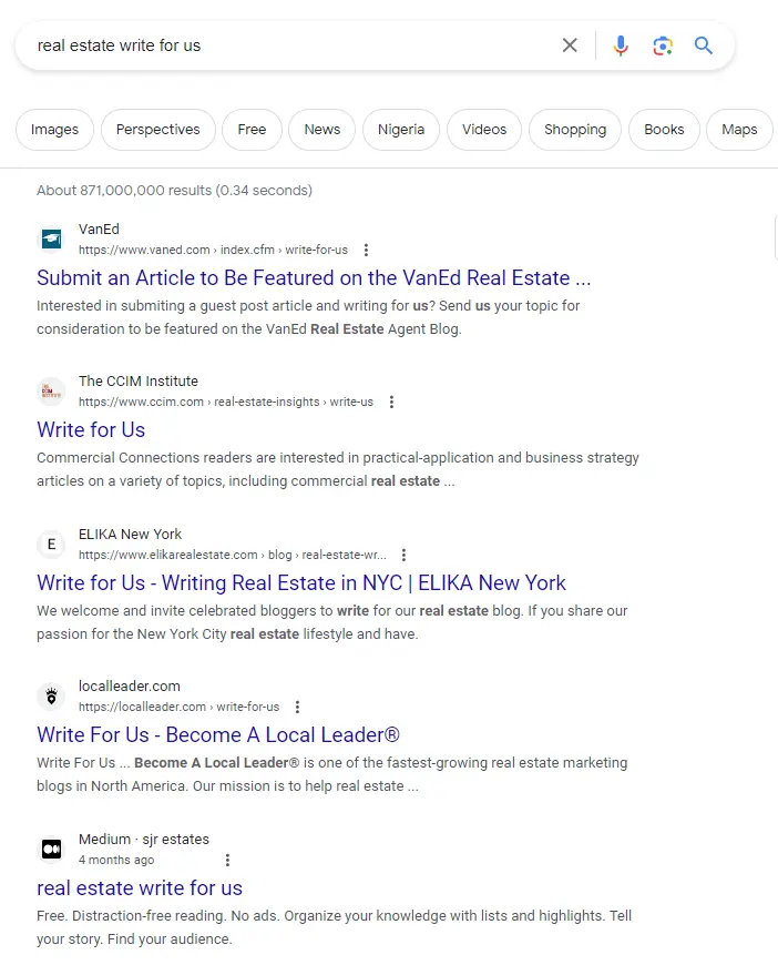 snapshot of searching real estate write for us on google search engine.