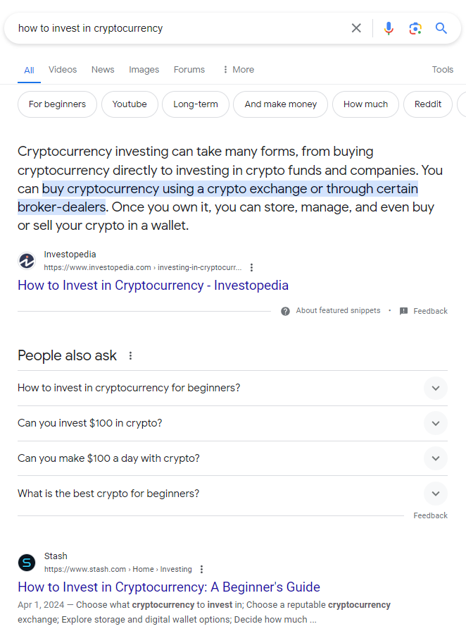 Google results page for “how to invest in cryptocurrency”
