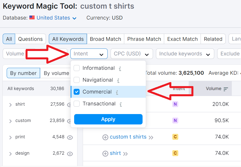 Keyword intent filer in semrush