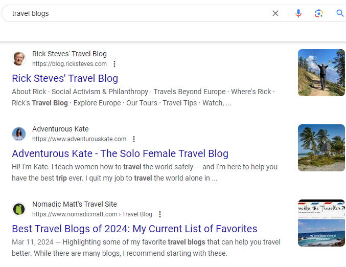 searching travel blogs on google