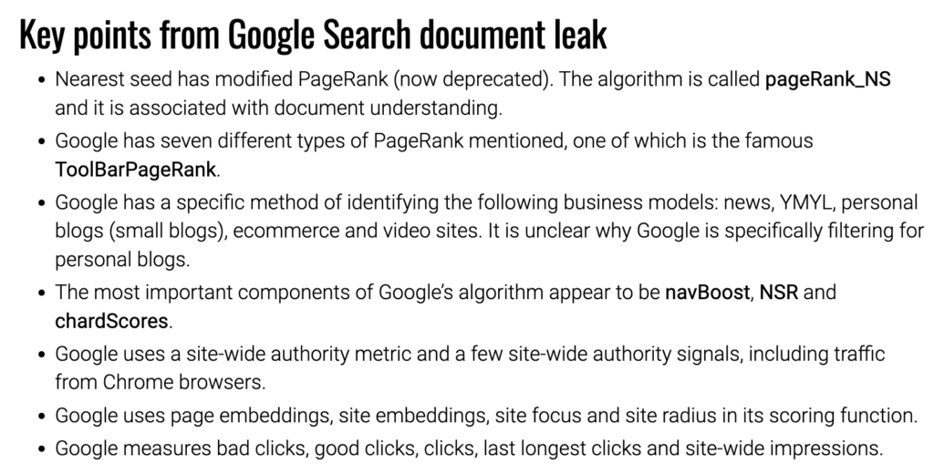 Key points from Google Search Document leak