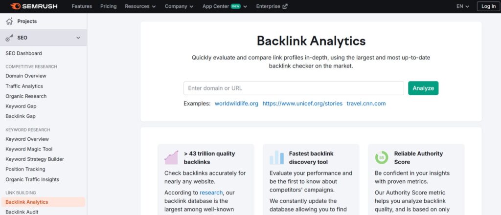 SEMrush Backlink Checker tool 
